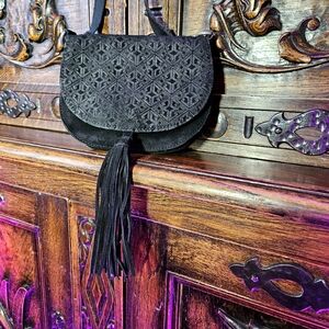Black Faux Leather Crossbody Saddle Bag with Embroidered Flap